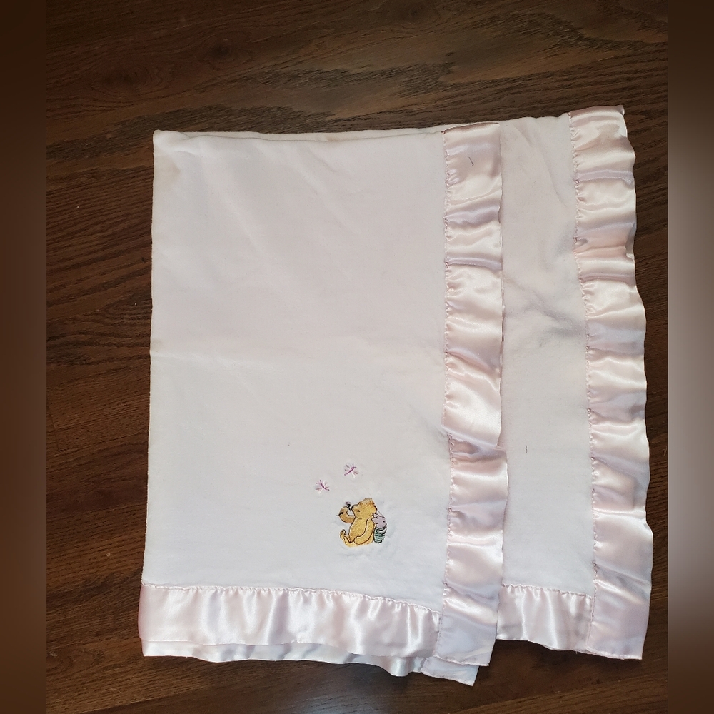 Classic Pooh Bear & Piglet Soft Pink Baby Blanket with Satin Trim